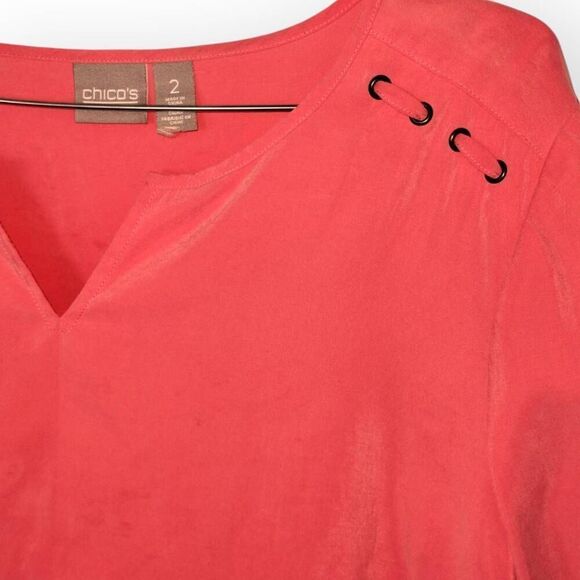 Chicos Peach Silk Blouse Sz 2 US 12 | Roll Tab Sleeve Coastal Classic Beachy Top - Picture 4 of 8